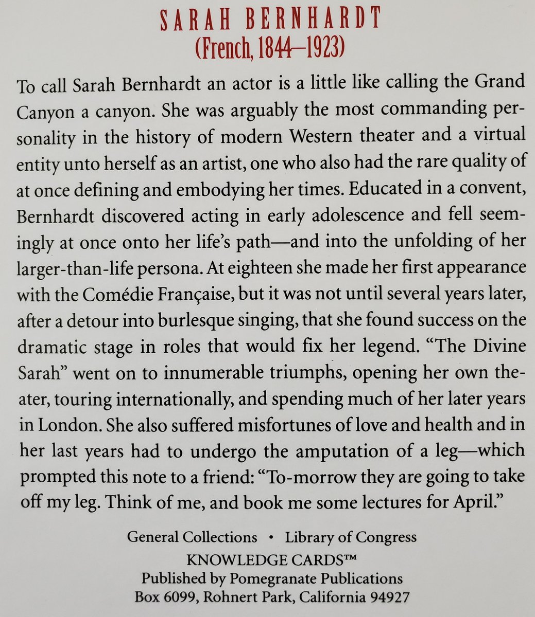 Today for Women Who Dare Wednesday, we're featuring Sarah Bernhardt. Credit–Library of Congress.