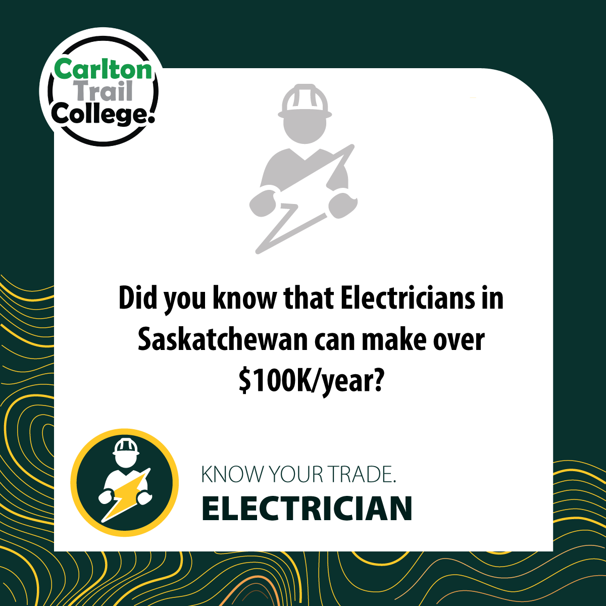 DYK: It’s not uncommon for experienced journeyperson electricians with Red Seal endorsements to earn six-figure incomes -  This is especially true in high-demand, and high-paying sectors. 

Spark your interest?

Learn more and apply for this fall: carltontrailcollege.com/program-course…