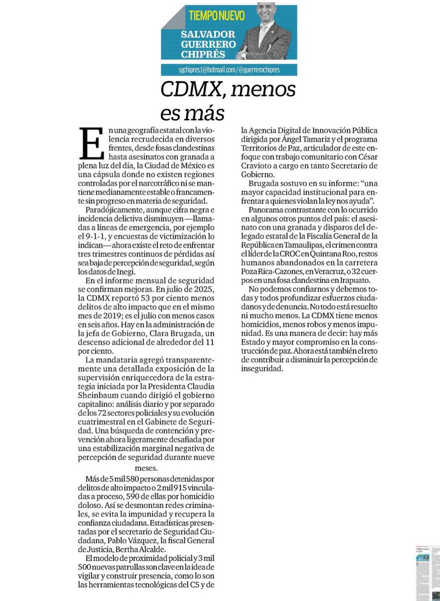 Dr. Salvador Guerrero Chiprés (@guerrerochipres) on Twitter photo La Ciudad de México, que gobierna <a href="/ClaraBrugadaM/">Clara Brugada Molina</a>, es referente de gobernabilidad y contención del delito, como se demostró ayer en el #InformeDeSeguridad. El fortalecimiento del <a href="/C5_CDMX/">C5 CDMX</a> forma parte de la capacidad institucional del <a href="/GobCDMX/">Gobierno de la Ciudad de México</a>
Escribo en <a href="/diario24horas/">@diario24horas</a> La Ciudad de México, que gobierna <a href="/ClaraBrugadaM/">Clara Brugada Molina</a>, es referente de gobernabilidad y contención del delito, como se demostró ayer en el #InformeDeSeguridad. El fortalecimiento del <a href="/C5_CDMX/">C5 CDMX</a> forma parte de la capacidad institucional del <a href="/GobCDMX/">Gobierno de la Ciudad de México</a>
Escribo en <a href="/diario24horas/">@diario24horas</a>