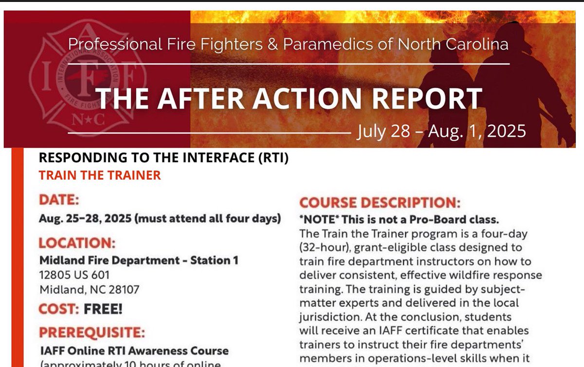 E-newsletter for 7/28 – 8/1 is now posted and includes information about the free four-day, 32-hour, RTI class that will be offered at Midland Fire Department in August. For more info 🔗 pffpnc.org/newsletters/