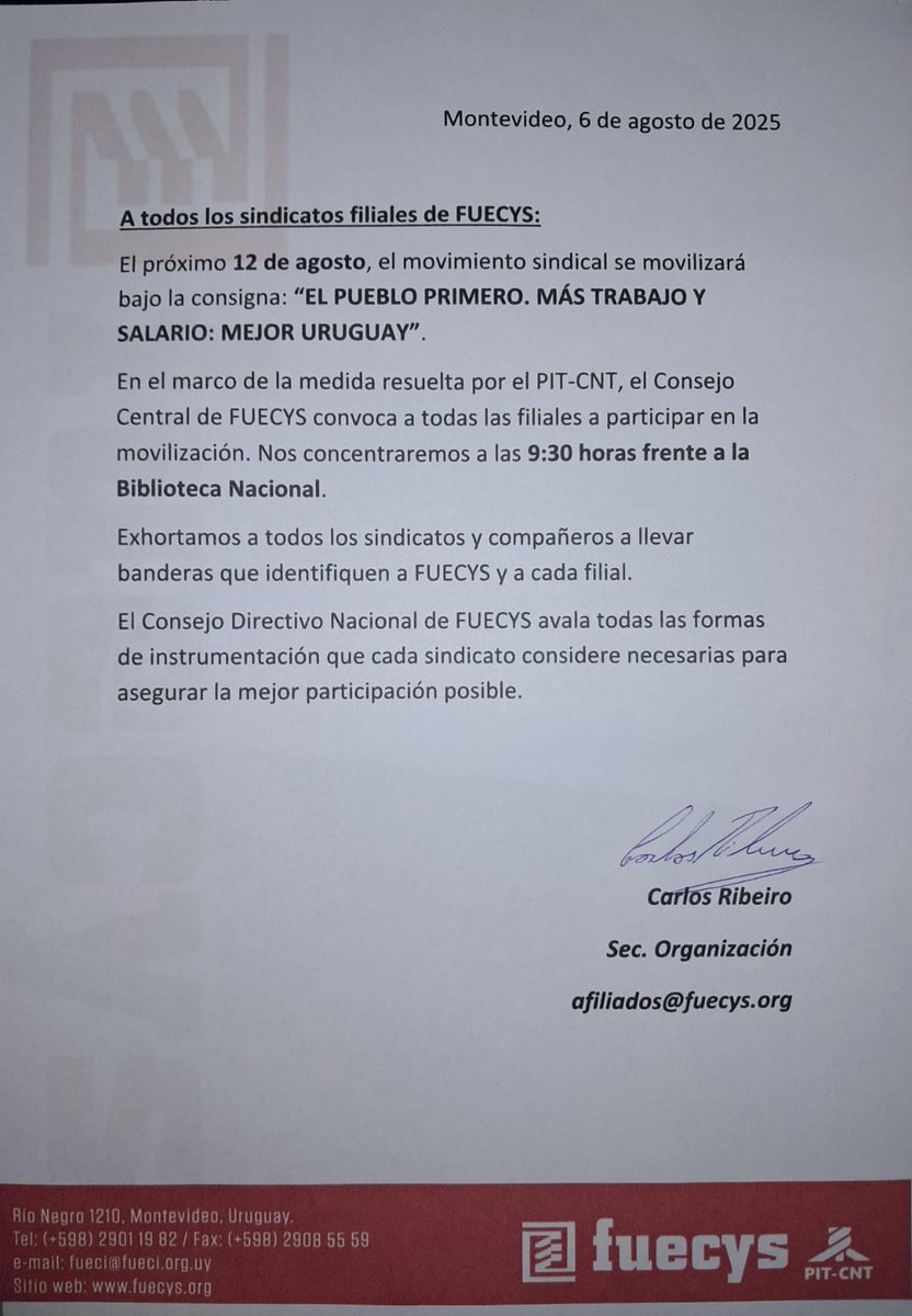 Fuecys_oficial (@fuecys_oficial) on Twitter photo 📣 Paro General Parcial #Pitcnt 
En las puertas de una nueva ronda de consejo de salarios #Fuecys se moviliza con el conjunto del movimiento sindical 👇🏻
🗓️ 12 de Agosto 
🕤 Concentramos a las 9:30 
📍Biblioteca Nacional 
#Fuecys <a href="/PITCNT1/">PIT CNT</a> Pitcnt #ParoGeneral 📣 Paro General Parcial #Pitcnt 
En las puertas de una nueva ronda de consejo de salarios #Fuecys se moviliza con el conjunto del movimiento sindical 👇🏻
🗓️ 12 de Agosto 
🕤 Concentramos a las 9:30 
📍Biblioteca Nacional 
#Fuecys <a href="/PITCNT1/">PIT CNT</a> Pitcnt #ParoGeneral