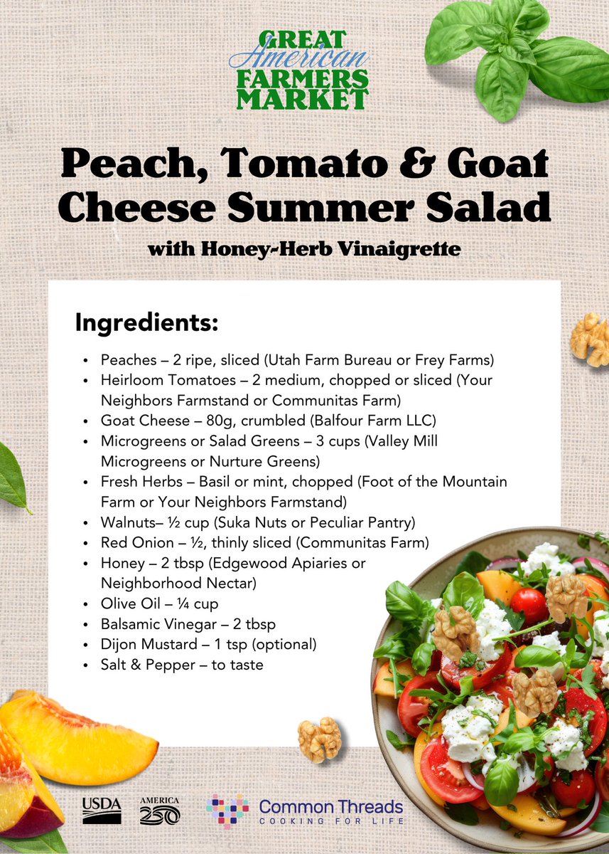 USDA's tweet image. We&apos;re still thinking about these delicious recipes shared during our live cooking demo on Monday! 

Get the ingredients for the Peach, Tomato &amp;amp; Goat Cheese Summer Salad and a refreshing Blueberry Smoothie right at GAFM fresh from our vendors! 🍑🫐🥬 usda.gov/gafm