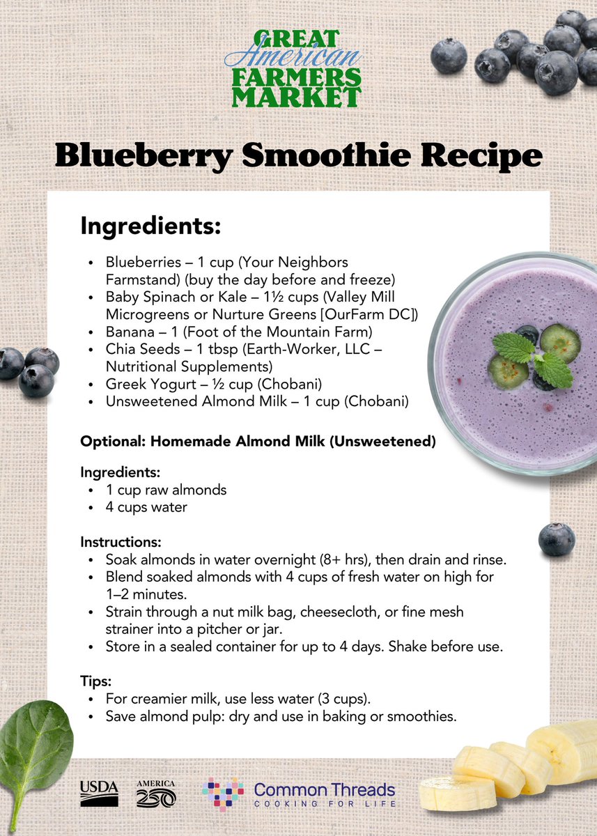 USDA's tweet image. We&apos;re still thinking about these delicious recipes shared during our live cooking demo on Monday! 

Get the ingredients for the Peach, Tomato &amp;amp; Goat Cheese Summer Salad and a refreshing Blueberry Smoothie right at GAFM fresh from our vendors! 🍑🫐🥬 usda.gov/gafm
