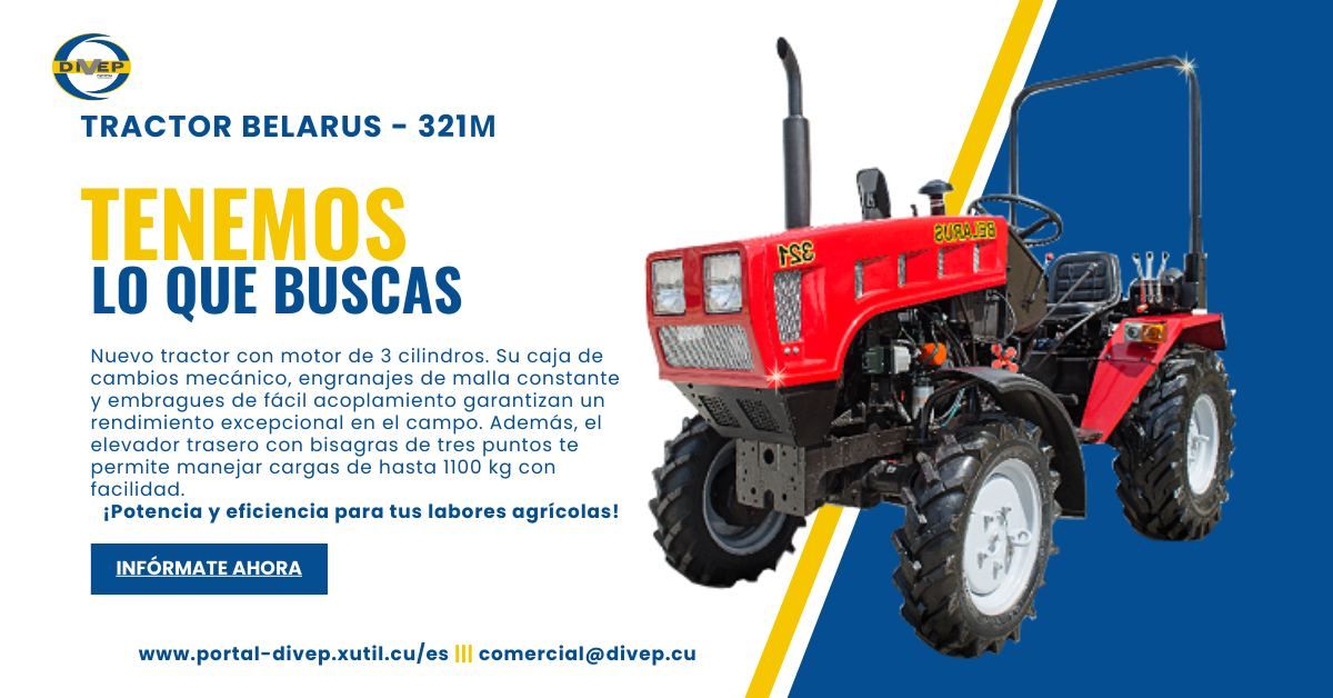 Empresa Comercializadora DIVEP (@divep_empresa) on Twitter photo 🚜 Estamos muy emocionados de anunciar que próximamente tendremos venta de tractores nuevamente. ¡Mantente atento a nuestras publicaciones para más detalles y aprovecha esta oportunidad para equipar tu campo con lo mejor! 😊🌱
Contáctanos en comercial@divep.cu.
#SomosDivep 🚜 Estamos muy emocionados de anunciar que próximamente tendremos venta de tractores nuevamente. ¡Mantente atento a nuestras publicaciones para más detalles y aprovecha esta oportunidad para equipar tu campo con lo mejor! 😊🌱
Contáctanos en comercial@divep.cu.
#SomosDivep