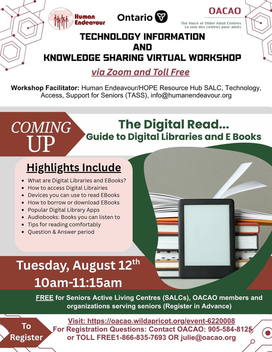 Join a free virtual workshop Aug 12, 10–11:15 AM:
“Guide to Digital Libraries &amp; EBooks”
Learn to borrow, read &amp; enjoy eBooks!

✅ Free for SALCs, OACAO members
🔗 Register: oacao.wildapricot.org/event-6220008
#SeniorTech #DigitalLiteracy #Ebooks #OACAO #AgingWell#OntarioSeniors