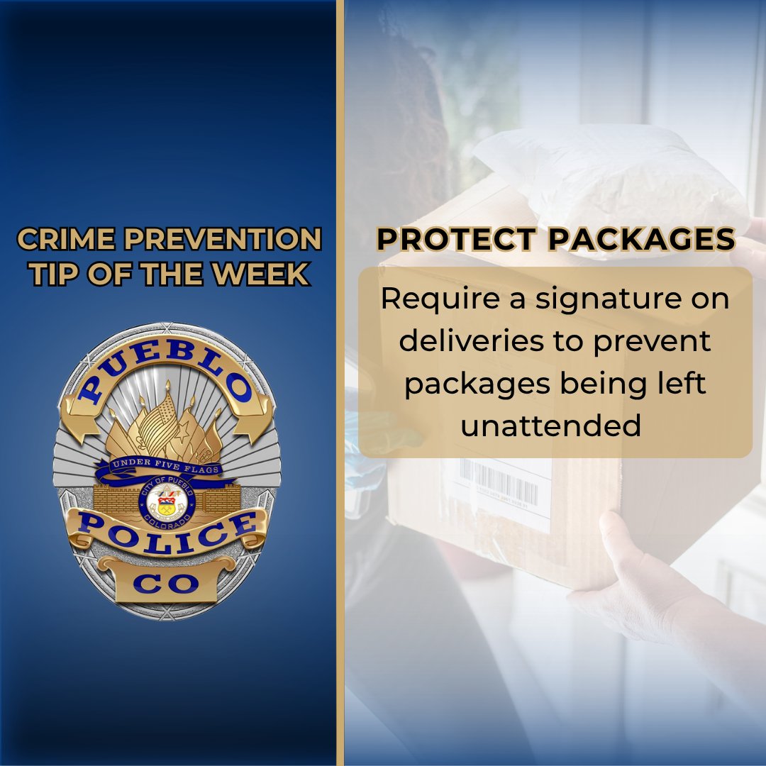 PuebloPolice1's tweet image. 🔒 Crime Prevention Tip 🔒
Don't let porch pirates win! 📦 Require a signature for deliveries to keep your packages safe.
Plan ahead so your delivery doesn't become someone else's "pick up"!
#PreventionIsProtection #CrimePreventionTip #PackageTheft
