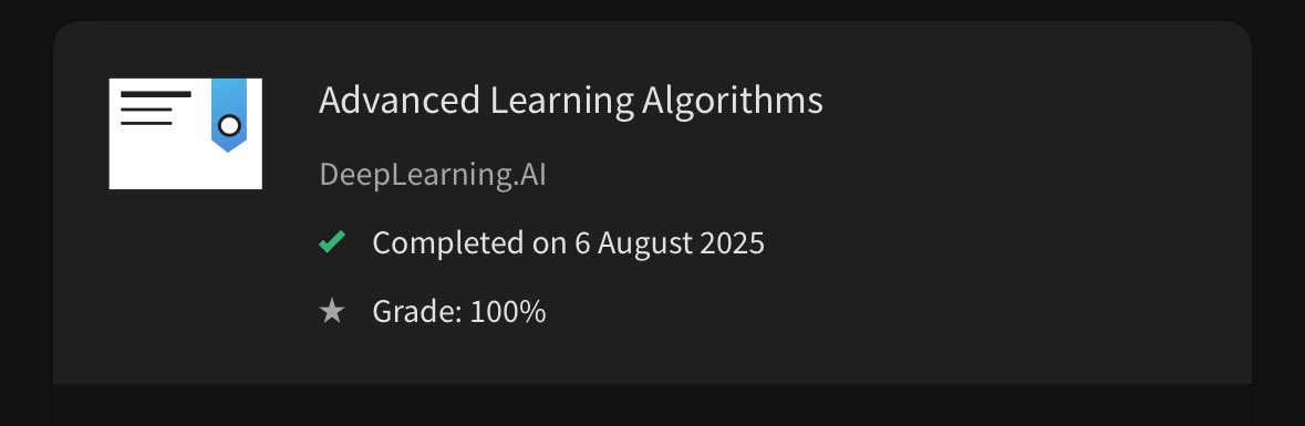 Akashdeep Singh (@digito_brain) on Twitter photo Another <a href="/DeepLearningAI/">DeepLearning.AI</a> course complete.
But this is a start. I suppose i should begin reading papers and sharing my understanding about them. Maybe try to code them or work on some community project as well to contribute more & share… Another <a href="/DeepLearningAI/">DeepLearning.AI</a> course complete.
But this is a start. I suppose i should begin reading papers and sharing my understanding about them. Maybe try to code them or work on some community project as well to contribute more & share…