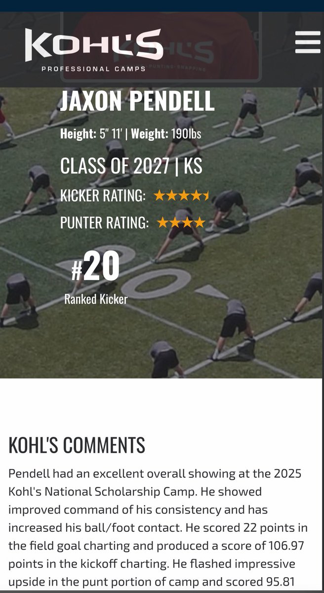 Jaxon Pendell (@jaxonpendell) on Twitter photo After an outstanding <a href="/KohlsKicking/">Kohl's Kicking Camps</a> camp, I have been ranked 20th kicker in 🇺🇸 with 4.5 ⭐️. Received a 4 ⭐️ punting ranking. Excited for the start of high school season! <a href="/RockCreekFootb1/">Rock Creek Football</a> <a href="/punt_21/">Punt 21 Kicking Services</a> <a href="/SnyderKicking/">Coach Sean Snyder</a> After an outstanding <a href="/KohlsKicking/">Kohl's Kicking Camps</a> camp, I have been ranked 20th kicker in 🇺🇸 with 4.5 ⭐️. Received a 4 ⭐️ punting ranking. Excited for the start of high school season! <a href="/RockCreekFootb1/">Rock Creek Football</a> <a href="/punt_21/">Punt 21 Kicking Services</a> <a href="/SnyderKicking/">Coach Sean Snyder</a>