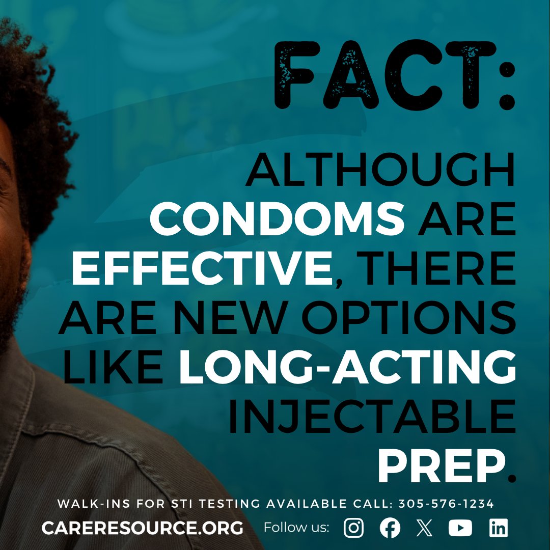 💡Did you know?
 
Although condoms are effective at preventing HIV, there are new options like long-acting injectable PrEP. Care Resource offers PrEP in once-a-day pills and both 2-month and 6-month injectable options. Contact us to learn more about what options work best for