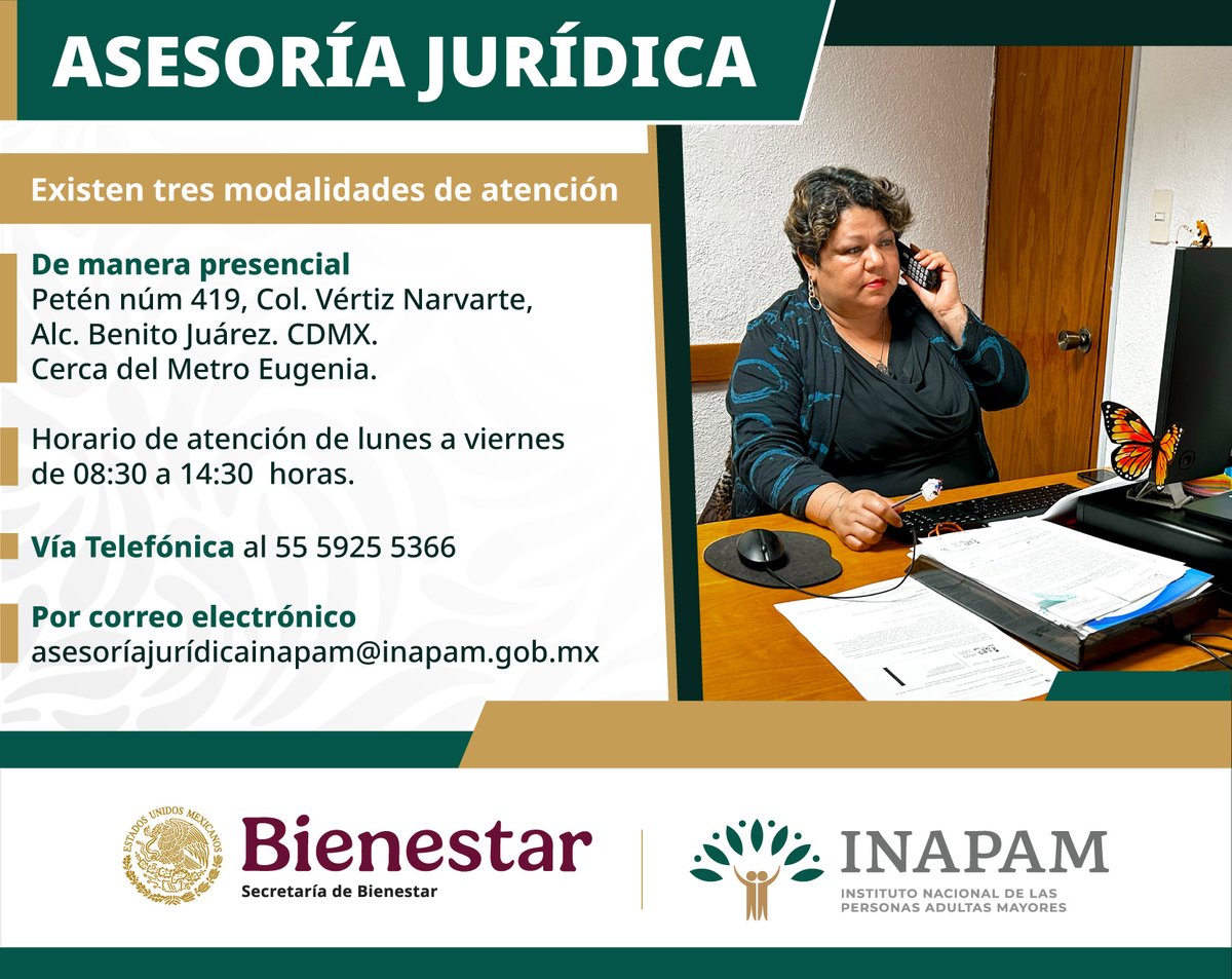 INAPAM's tweet photo. Si eres una #PersonaAdultaMayor y necesitas #Orientación #Legal el #INAPAM #Ofrece #AsesoríaJurídica ⚖️#Gratuita de manera:

✅ #Confiable 
✅ #Cordial
✅ #Oportuna

Disponible en tres modalidades, pensadas para tu comodidad y tranquilidad👉 https://t.co/BZaMei0jr2 https://t.co/gR7qxe1hMP