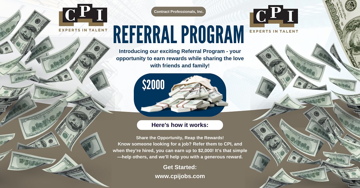 CPIJobsInc's tweet image. 💸 Your Friends = Your Payday! 💸

Know someone looking for a new job? Send them our way, and you could earn up to $2,000 when they get hired! Helping friends has never been this rewarding.

Start earning today—refer now! 📩 bit.ly/3CSOov #JobReferrals