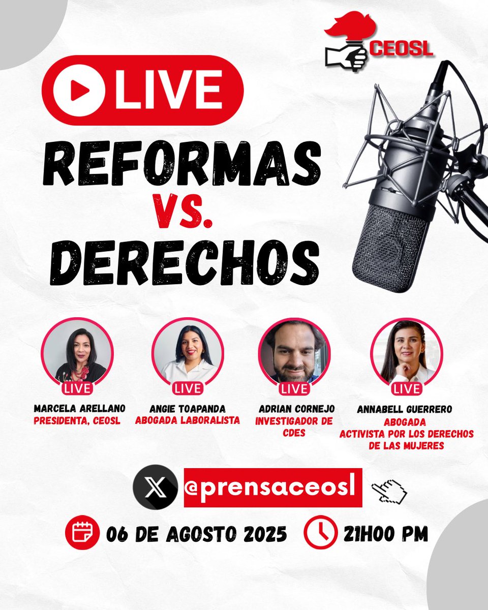 🗣️ Reformas vs. Derechos
¿Están en riesgo los derechos laborales y la autonomía de las organizaciones sociales y sindicales con las reformas y la consulta popular?

Acompáñanos en este Space para analizar el contexto, los cambios normativos y su impacto.

#space #EnVivo #ecuador
