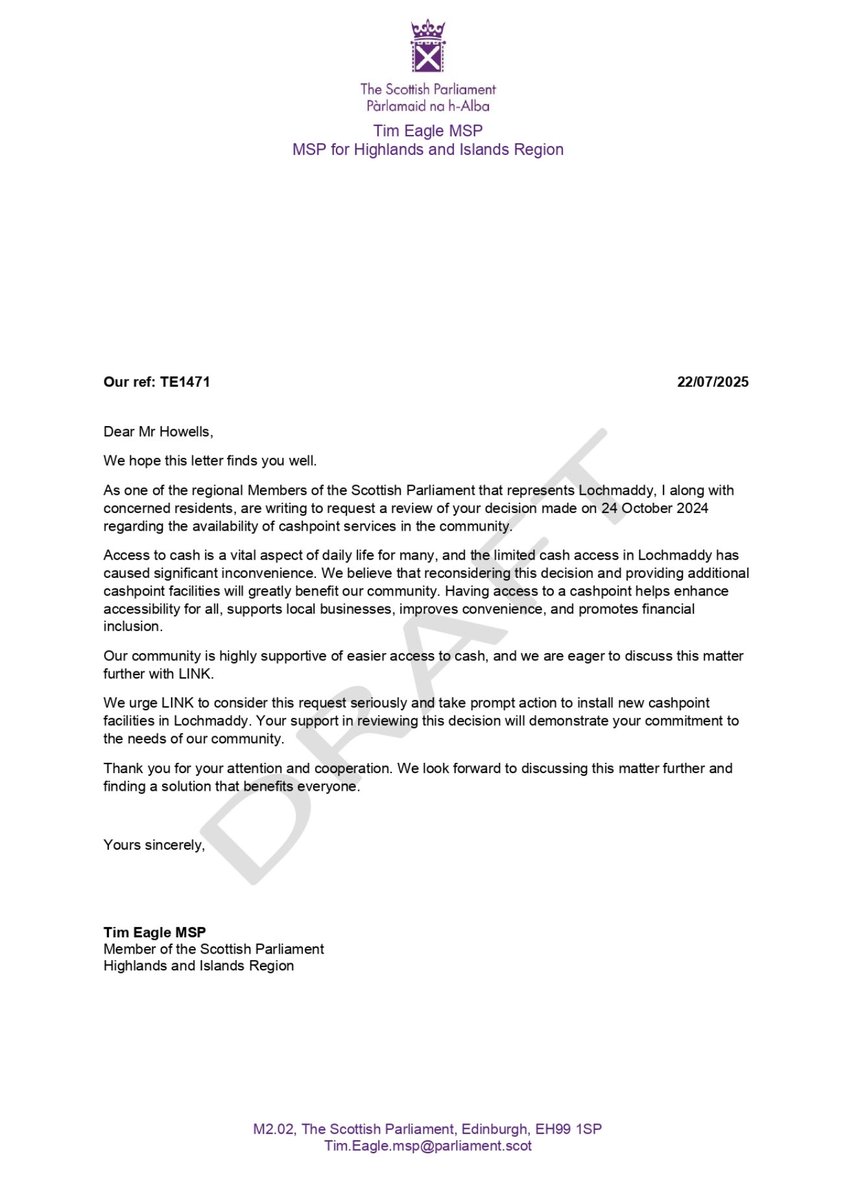 Access to cash in Lochmaddy is vital and I’m keen to challenge LINK to provide a new cashpoint.

I have drafted a letter to LINK and ask residents to add their name to it.

I’ll also be hosting a public meeting on Thursday 28th August at the Lochmaddy Village Hall at 10am.