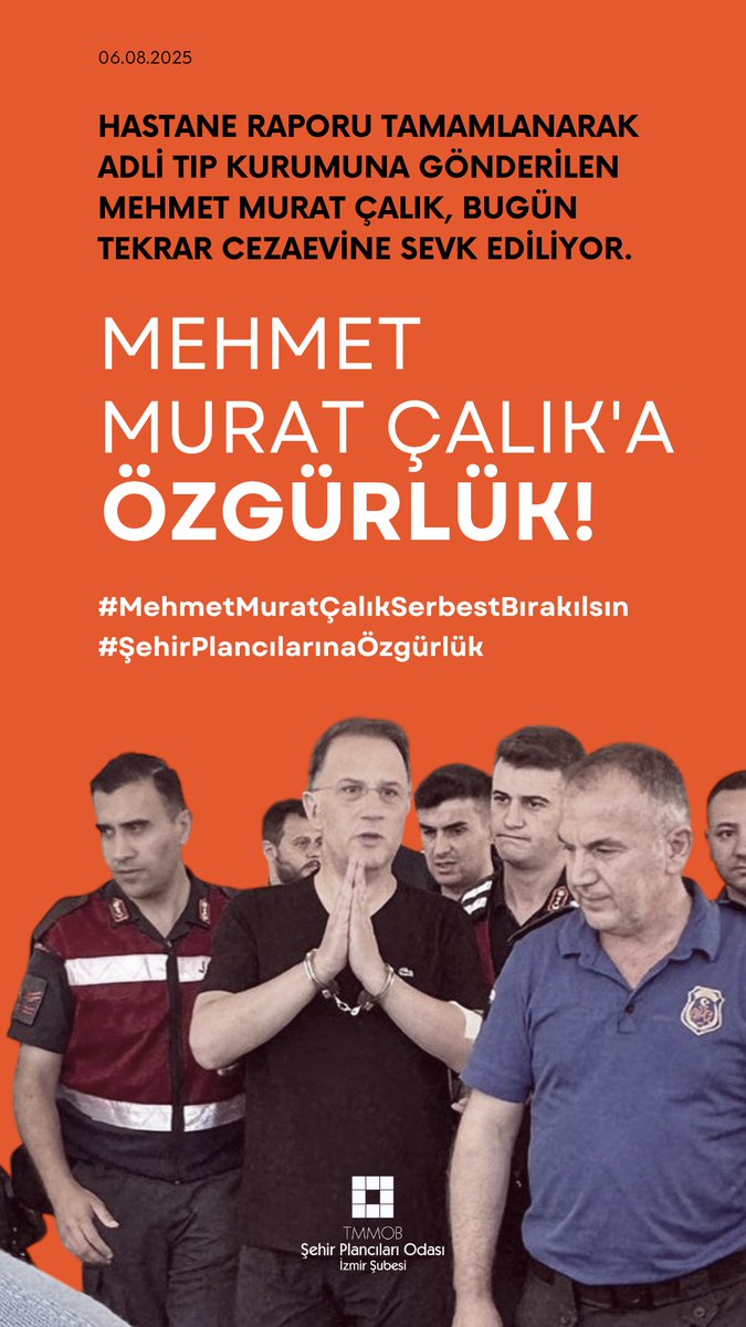 Hastane raporu tamamlanarak Adli Tıp kurumuna gönderilen Mehmet Murat Çalık, bugün tekrar cezaevine sevk ediliyor.
Sağlık durumu cezaevi şartlarında kalmaya uygun olmayan Mehmet Murat Çalık'ı derhal serbest bırakın!
#MehmetMuratÇalıkSerbestBırakılsın
#ŞehirPlancılarınaÖzgürlük