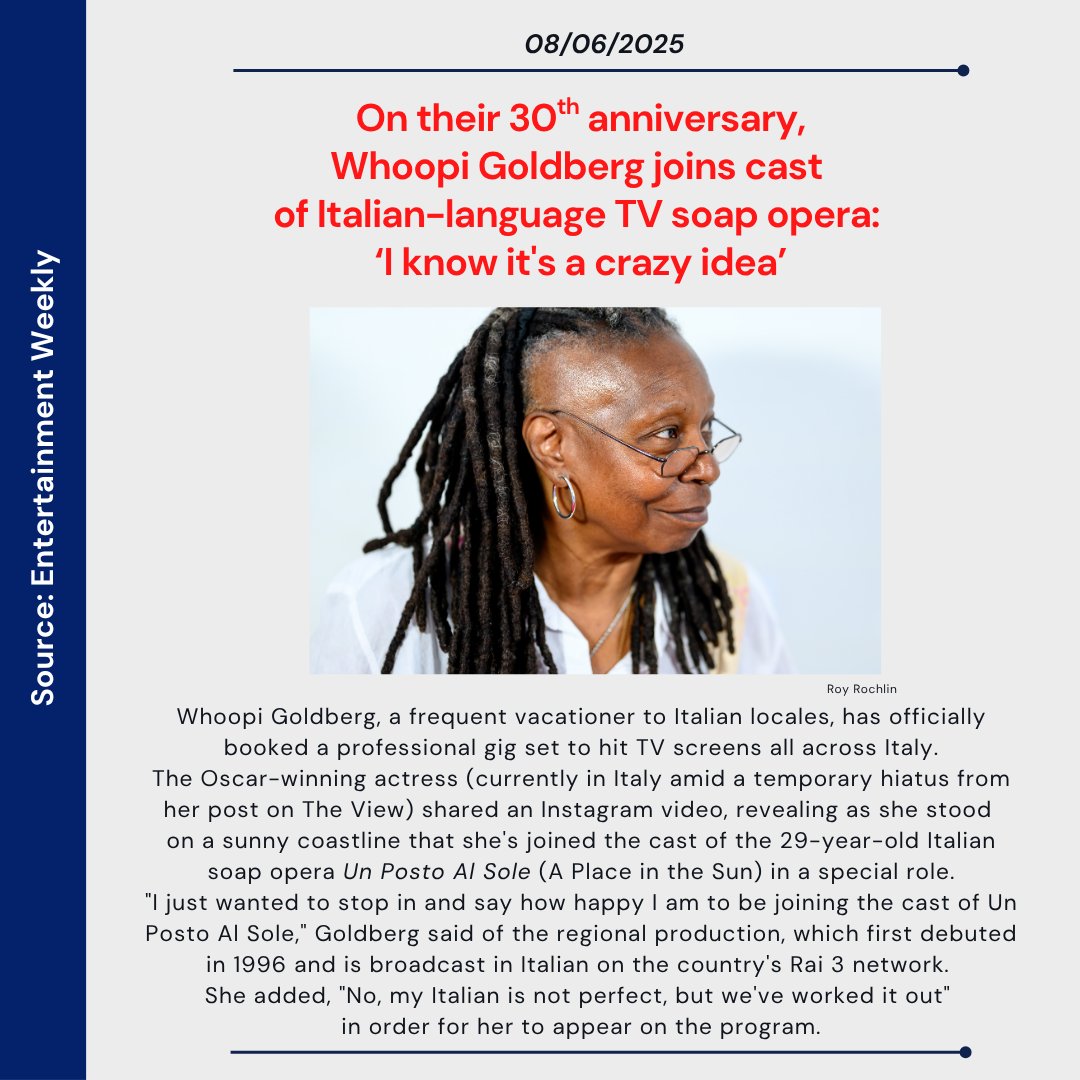 Whoopi Goldberg joins the popular Italian soap opera "Un Posto al Sole." Hers will be a special role for the TV series which is about to turn 30.

#italiantv #unpsotoalsole #whoopigoldberg #italianstories #noiaw