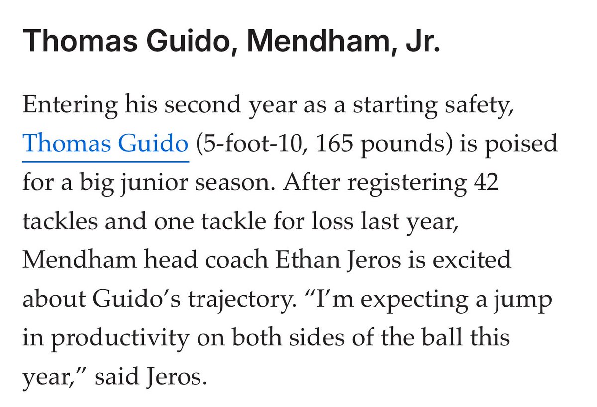 Thomas Guido ‘27 WR/DB (@thomasguido08) on Twitter photo Thanks you <a href="/ogbensherman/">Ben Sherman</a> for recognizing me and naming me a top DB in NJ group 3!
<a href="/ethan_jeros/">Ethan Jeros</a> <a href="/MendhamFootball/">Mendham Football</a> <a href="/KinslerLatish/">Latish Kinsler</a> <a href="/nextlvlculture/">Next Level Culture</a> <a href="/PrepRedzoneNJ/">Prep Redzone New Jersey</a> <a href="/CSAPrepStar/">PREPSTAR</a> <a href="/prepstar360/">Prepstar360</a> <a href="/FranBrownCuse/">Fran Brown</a> <a href="/CoachDrixNCSA/">Coach Driscoll (NCSA Football Recruiting Coach)</a> <a href="/coach_cahill/">Kevin Cahill</a> <a href="/Coach_Tafe1/">Shawn Tafe</a> <a href="/WillVapreps/">Will Vapreps Garlick</a> <a href="/sixstarfootball/">Six Star Football | PLUS+</a> Thanks you <a href="/ogbensherman/">Ben Sherman</a> for recognizing me and naming me a top DB in NJ group 3!
<a href="/ethan_jeros/">Ethan Jeros</a> <a href="/MendhamFootball/">Mendham Football</a> <a href="/KinslerLatish/">Latish Kinsler</a> <a href="/nextlvlculture/">Next Level Culture</a> <a href="/PrepRedzoneNJ/">Prep Redzone New Jersey</a> <a href="/CSAPrepStar/">PREPSTAR</a> <a href="/prepstar360/">Prepstar360</a> <a href="/FranBrownCuse/">Fran Brown</a> <a href="/CoachDrixNCSA/">Coach Driscoll (NCSA Football Recruiting Coach)</a> <a href="/coach_cahill/">Kevin Cahill</a> <a href="/Coach_Tafe1/">Shawn Tafe</a> <a href="/WillVapreps/">Will Vapreps Garlick</a> <a href="/sixstarfootball/">Six Star Football | PLUS+</a>