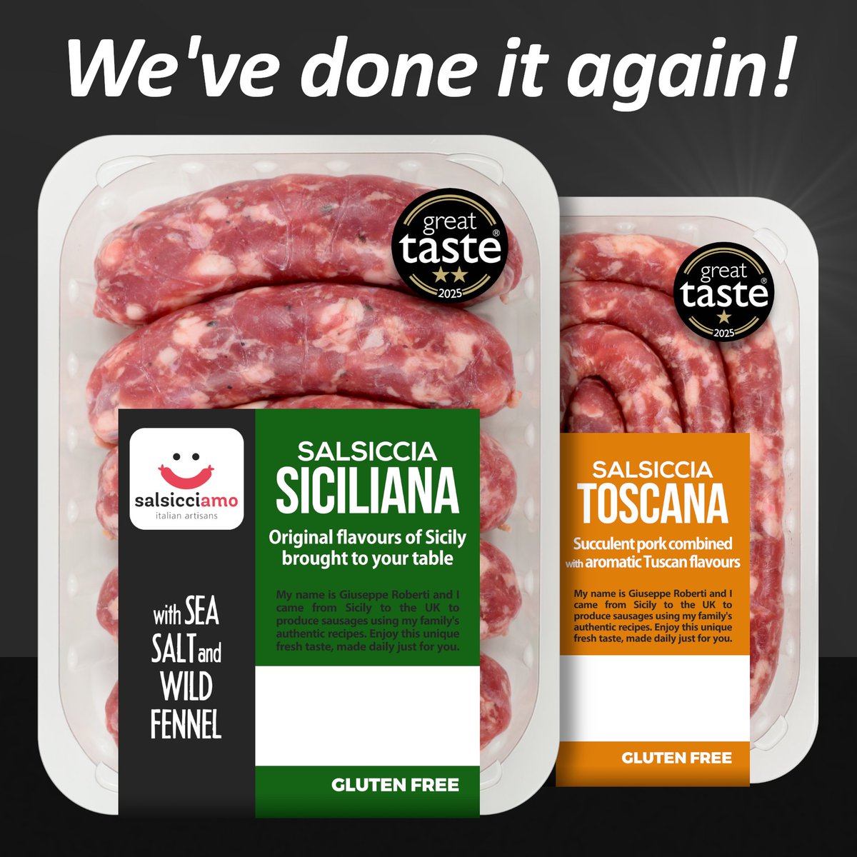 We have done it again!
We're happy to announce that our Salsiccia Siciliana has received not one, but TWO Great Taste Awards 2025 this year. Another Star goes to our Salsiccia Toscana Luganega.

Thanks <a href="/guildoffinefood/">Guild of Fine Food</a> ⭐⭐

#salsicciamo #greattasteawards #guildoffinefood
