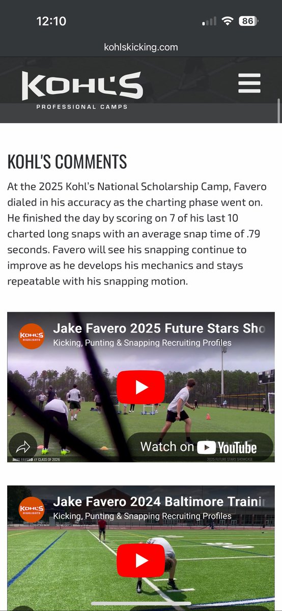 Jake Favero (@jakefavero2) on Twitter photo I had a great time at the Kohls National Scholarship Invitational in Tennessee! Grateful to represent Maryland in this event! Thank you so much <a href="/Coach_Casper/">Coach Casey Casper</a> for the invite and <a href="/KohlsHighlights/">Kicking, Punting, Long Snapping Highlights</a>!
<a href="/CoachRI/">Ralph Isernia</a> <a href="/TolbertCoachRob/">Coach Rob</a> <a href="/Coach_Ky2/">SGT Veale</a> <a href="/BallCoachHP/">Recruiting 1-0-1</a> <a href="/LafColFootball/">Lafayette Football</a> <a href="/Coach_Kessel20/">Nik Kessel</a> I had a great time at the Kohls National Scholarship Invitational in Tennessee! Grateful to represent Maryland in this event! Thank you so much <a href="/Coach_Casper/">Coach Casey Casper</a> for the invite and <a href="/KohlsHighlights/">Kicking, Punting, Long Snapping Highlights</a>!
<a href="/CoachRI/">Ralph Isernia</a> <a href="/TolbertCoachRob/">Coach Rob</a> <a href="/Coach_Ky2/">SGT Veale</a> <a href="/BallCoachHP/">Recruiting 1-0-1</a> <a href="/LafColFootball/">Lafayette Football</a> <a href="/Coach_Kessel20/">Nik Kessel</a>