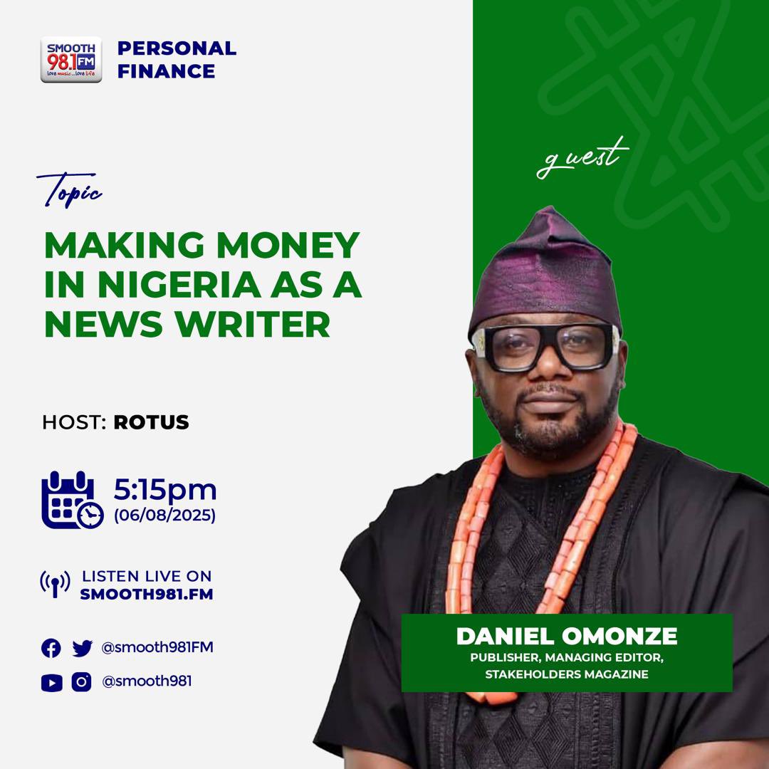 Smooth98.1FM (@smooth981fm) on Twitter photo Wondering how to make money in Nigeria as a News Writer? ✍🏾 🤔
Join us for an insightful #PersonalFinance981 session at 5:15pm!
Hosts: <a href="/JoyUrueye/">Joy Urueye</a> <a href="/Rotankwot/">Rotus</a>
Guest: <a href="/stakeholdersmag/">Stakeholders Magazine</a>
Tune in - Smooth981 FM 📻
Or listen live smoothlive.smooth981.fm:8000/smoothlivefm128
❤️💙🤍
#Smooth981 #Live Wondering how to make money in Nigeria as a News Writer? ✍🏾 🤔
Join us for an insightful #PersonalFinance981 session at 5:15pm!
Hosts: <a href="/JoyUrueye/">Joy Urueye</a> <a href="/Rotankwot/">Rotus</a>
Guest: <a href="/stakeholdersmag/">Stakeholders Magazine</a>
Tune in - Smooth981 FM 📻
Or listen live smoothlive.smooth981.fm:8000/smoothlivefm128
❤️💙🤍
#Smooth981 #Live