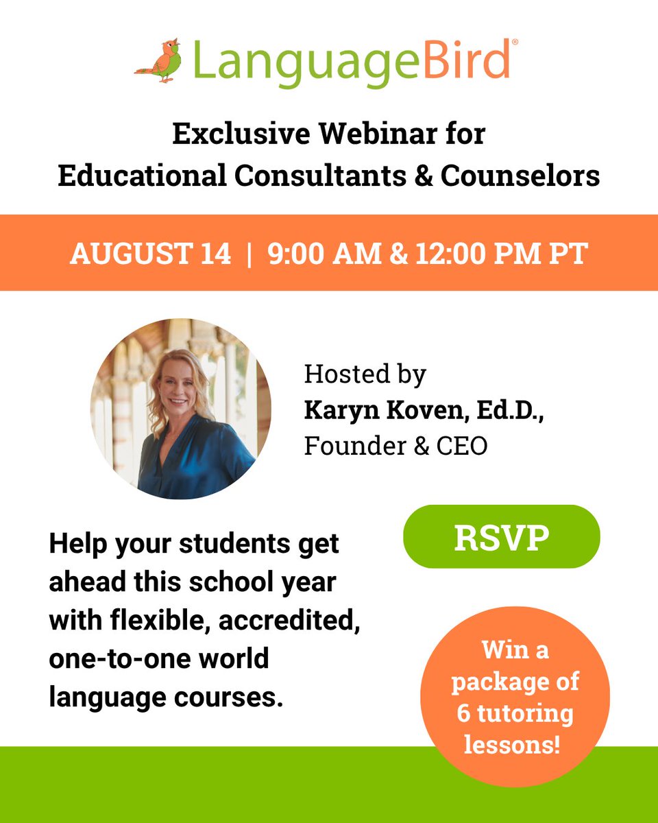 Language_Bird's tweet image. 📢 #EducationalConsultants &amp;amp; #CollegeCounselors —Join us for a webinar hosted by Dr. Karyn Koven, Founder &amp;amp; CEO of #LanguageBird. Learn how our accredited, 1:1 online language courses help students strengthen college apps &amp;amp; build real-world skills.
RSVP: hubs.la/Q03Bt9dT0