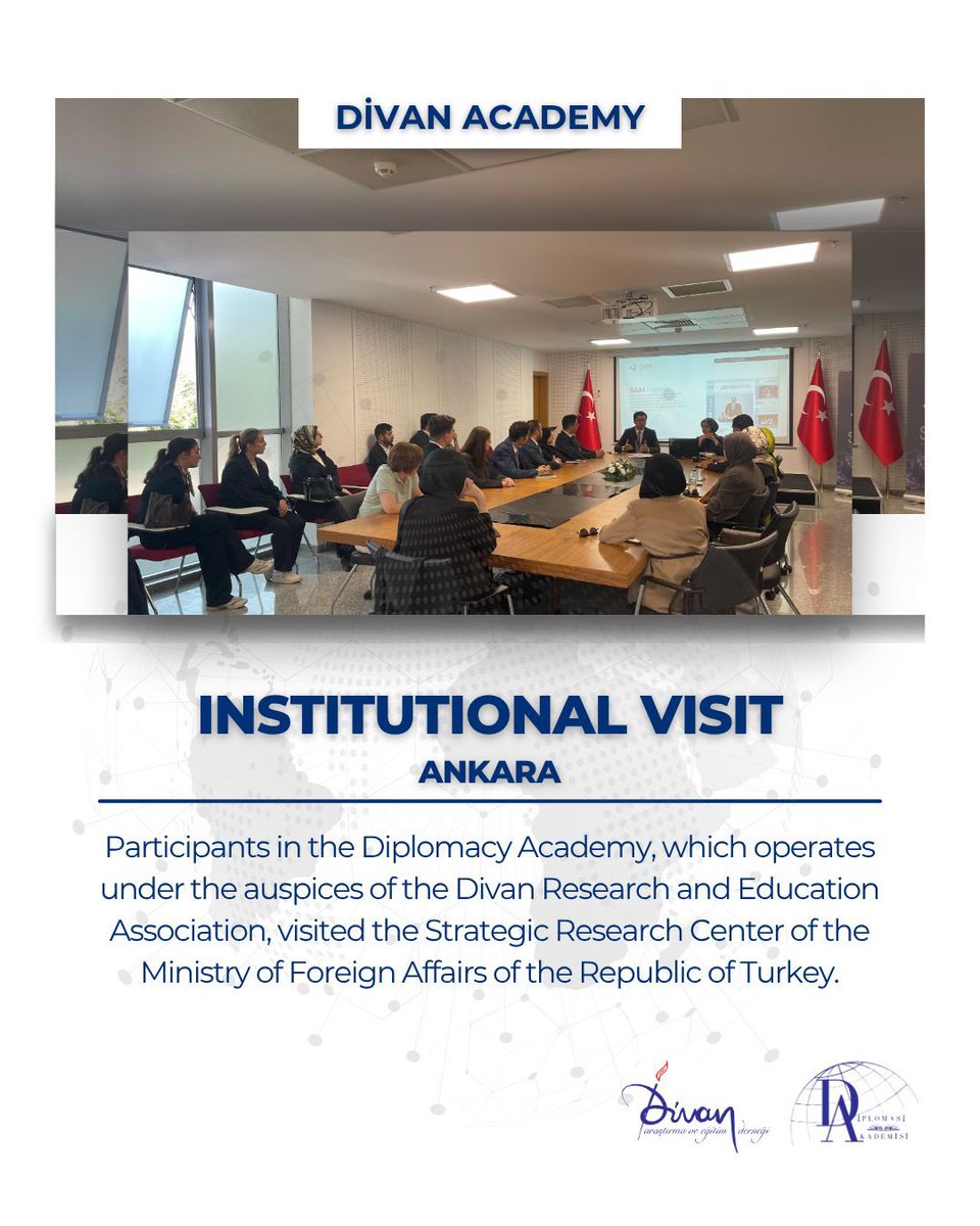 Divan Araştırma ve Eğitim Derneği olarak, Ankara kurum ziyaretlerimiz kapsamında T.C. Dışişleri Bakanlığı Stratejik Araştırmalar Merkezi’ne (SAM) bir ziyaret gerçekleştirdik.

Ziyaretimizde, SAM’ın vizyonu, diplomasi alanındaki güncel çalışmaları ve dış politika yapım süreci