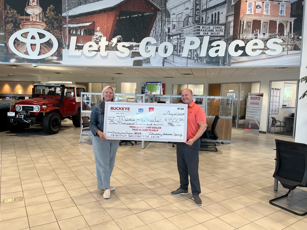 BuckeyeHonda's tweet photo. Aaron Uhl, Marketing Director at Buckeye Automotive Family, ​presents Anna Tobin, Executive Director of Meals on Wheels of Fairfield County, with the Buckeye Cares 2025 July Donation!
Shop local, support local #BuckeyeCares https://t.co/geCUeZflL9