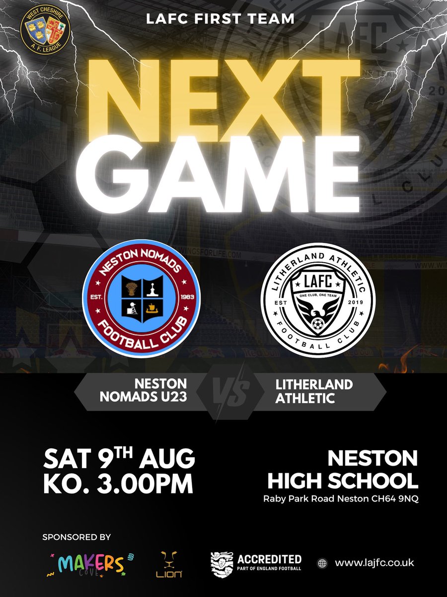 Litherland Athletic FC (@lafc1st) on Twitter photo 🔜 Next Up for the First Team!
We’re back on the road this weekend in another <a href="/WestCheshireLge/">Go2Day West Cheshire League</a> league fixture. as we face last season’s league runners-up
🗓 Saturday 9th August
🆚 Neston Nomads U23s <a href="/NestonNomadsFC/">Neston Nomads FC</a>
📍 Neston High School, CH69 9NQ
🕒 3:00PM Kick-Off 🔜 Next Up for the First Team!
We’re back on the road this weekend in another <a href="/WestCheshireLge/">Go2Day West Cheshire League</a> league fixture. as we face last season’s league runners-up
🗓 Saturday 9th August
🆚 Neston Nomads U23s <a href="/NestonNomadsFC/">Neston Nomads FC</a>
📍 Neston High School, CH69 9NQ
🕒 3:00PM Kick-Off