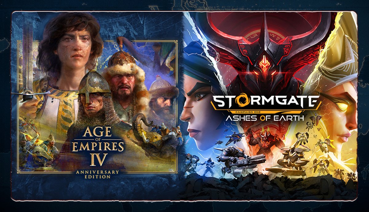 Stormgate (@playstormgate) on Twitter photo ⚔️Two RTS legends - One epic bundle⚔️
Our friends at <a href="/AgeOfEmpires/">Age of Empires</a> are teaming up with Stormgate for the ultimate real-time strategy crossover.
Command mighty civilizations in Age of Empires IV or fight to reclaim the future in Stormgate: Campaign One: Ashes of Earth.
🛡️ 15% ⚔️Two RTS legends - One epic bundle⚔️
Our friends at <a href="/AgeOfEmpires/">Age of Empires</a> are teaming up with Stormgate for the ultimate real-time strategy crossover.
Command mighty civilizations in Age of Empires IV or fight to reclaim the future in Stormgate: Campaign One: Ashes of Earth.
🛡️ 15%