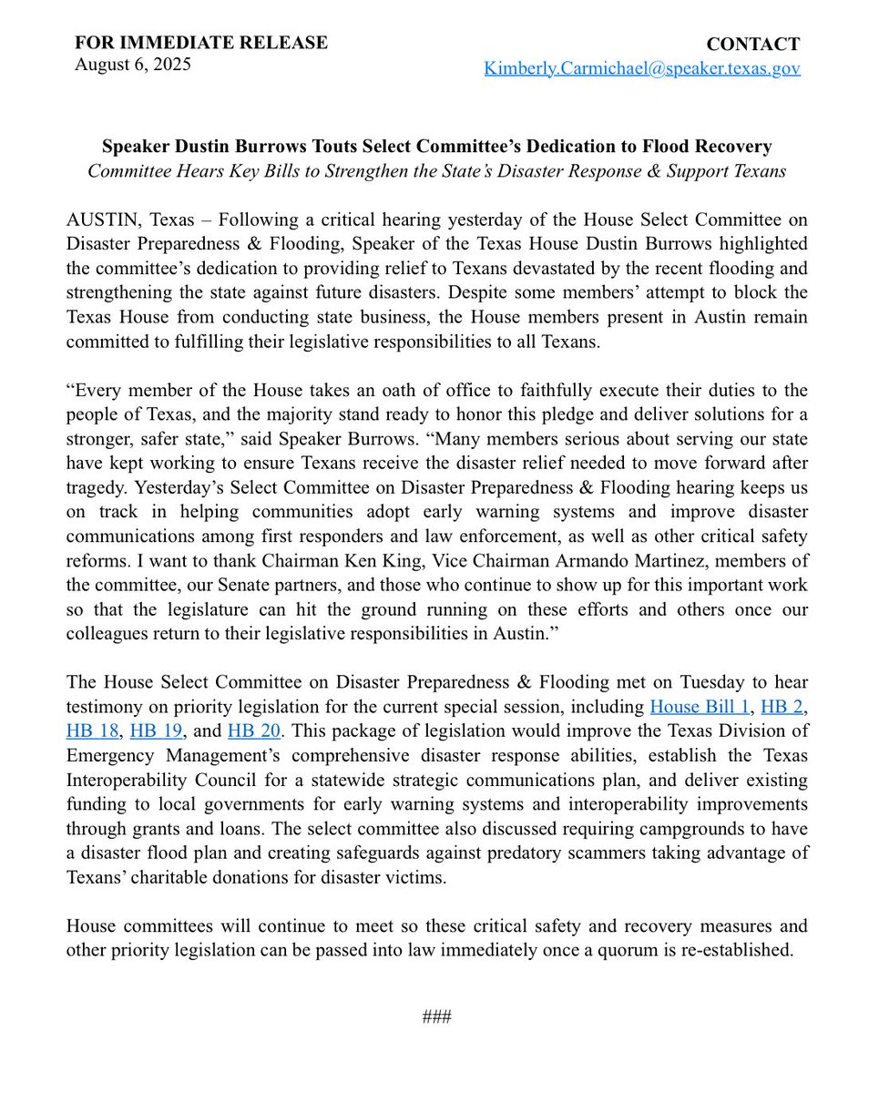 Speaker Dustin Burrows Touts Select Committee’s Dedication to Flood Recovery

#txlege