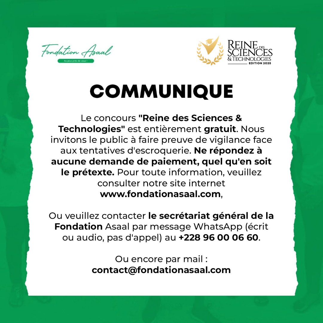 Inscription GRATUITE du 11 au 31 août 2025 !!!

Soyez vigilants !

#ConcoursReineStem
#FondationAsaal
<a href="/AbiraBonfoh/">Abira  BONFOH</a>