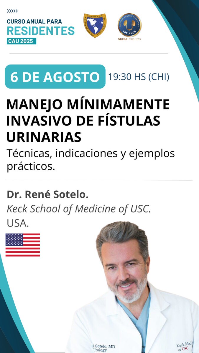 Confederación Americana de Urología (CAU) (@cau_uro) on Twitter photo No te pierdas hoy la clase 7 del curso de residentes CAU con el tema: "Manejo Mínimamente Invasivo de Fístulas Urinarias"
Técnicas, indicaciones y ejemplos.
Profesor invitado: Dr. René Sotelo.
Hrs: 19:30 Chile
Regístrate: us06web.zoom.us/webinar/regist…
<a href="/Renesotelo72128/">Rene sotelo</a> No te pierdas hoy la clase 7 del curso de residentes CAU con el tema: "Manejo Mínimamente Invasivo de Fístulas Urinarias"
Técnicas, indicaciones y ejemplos.
Profesor invitado: Dr. René Sotelo.
Hrs: 19:30 Chile
Regístrate: us06web.zoom.us/webinar/regist…
<a href="/Renesotelo72128/">Rene sotelo</a>