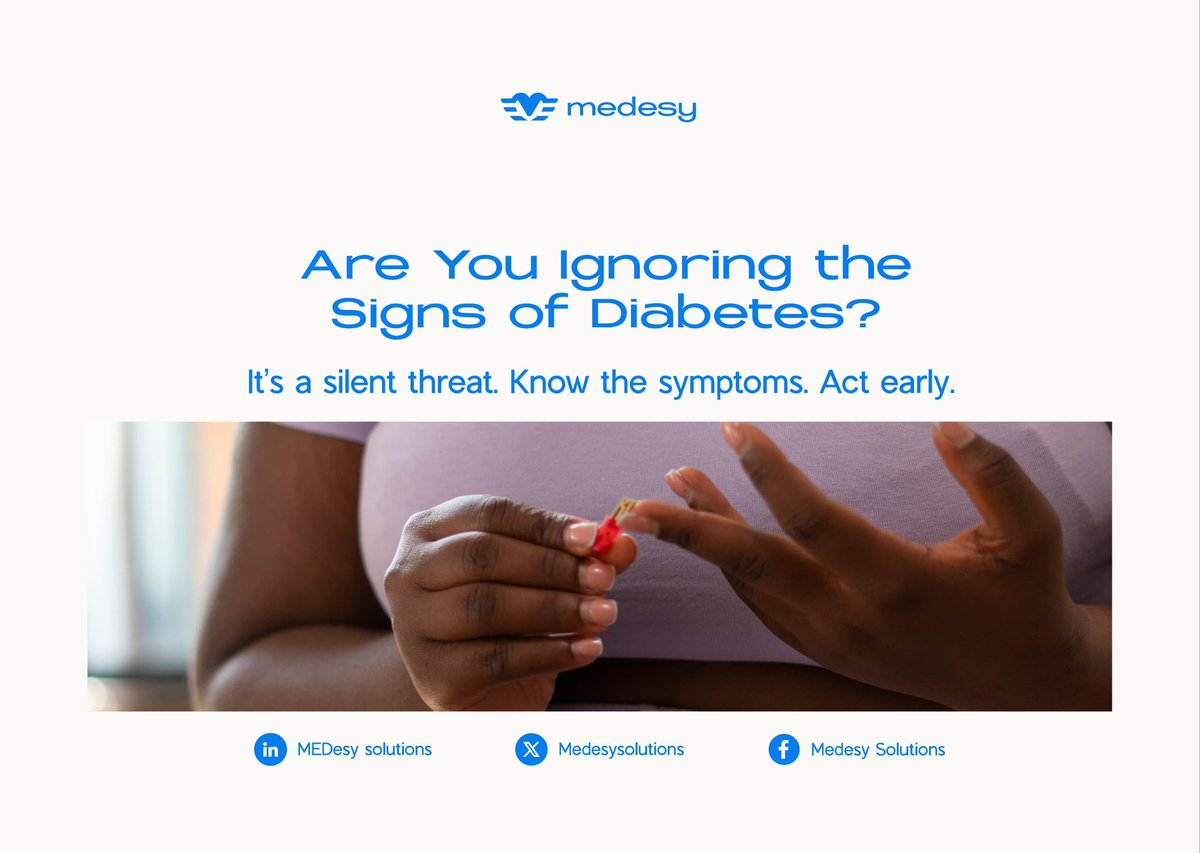 MEDesy (@medesysolutions) on Twitter photo Could it be Diabetes?
Here are common symptoms to watch out for:
🔗 Frequent urination
🔗 Excessive thirst
🔗 Unexplained weight loss
🔗 Blurred vision
🔗 Slow wound healing
🔗 Fatigue
🔗 Increased hunger
🔗 Tingling or numbness in hands/feet
Don't ignore the signs Could it be Diabetes?
Here are common symptoms to watch out for:
🔗 Frequent urination
🔗 Excessive thirst
🔗 Unexplained weight loss
🔗 Blurred vision
🔗 Slow wound healing
🔗 Fatigue
🔗 Increased hunger
🔗 Tingling or numbness in hands/feet
Don't ignore the signs