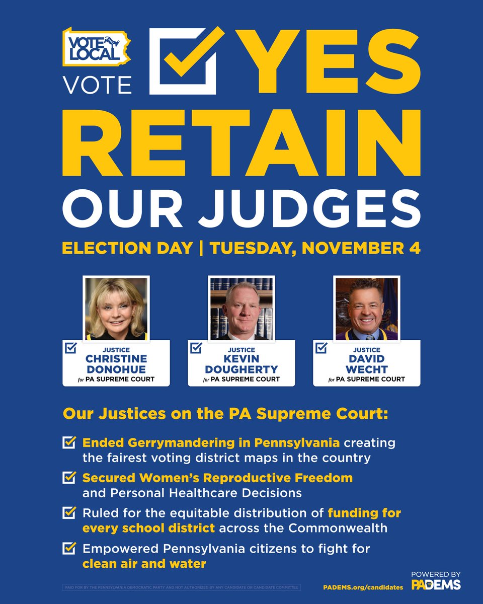 PA Democratic Party (@padems) on Twitter photo VOTE 🗳 YES 📷 to RETAIN OUR 3 SUPREME COURT JUSTICES! On Tuesday, November 4, Pennsylvanians have the power to RETAIN 3 Supreme Court Justices who have prioritized justice over politics:
✅ Justice Christine Donohue <a href="/retaindonohue/">Justice Christine Donohue</a>
✅ Justice Kevin Dougherty <a href="/retaindougherty/">Justice Kevin Dougherty</a>
✅ VOTE 🗳 YES 📷 to RETAIN OUR 3 SUPREME COURT JUSTICES! On Tuesday, November 4, Pennsylvanians have the power to RETAIN 3 Supreme Court Justices who have prioritized justice over politics:
✅ Justice Christine Donohue <a href="/retaindonohue/">Justice Christine Donohue</a>
✅ Justice Kevin Dougherty <a href="/retaindougherty/">Justice Kevin Dougherty</a>
✅