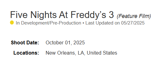 FNAFMovieUpdate's tweet photo. Blumhouse's 'Five Nights at Freddy's 3' is set to begin filming on October 1st, 2025!

Please note that this can change, and a delay is entirely possible.
(via https://t.co/28xCV9YZ4q)
#FNAFMovie #FNAF #FiveNightsatFreddys