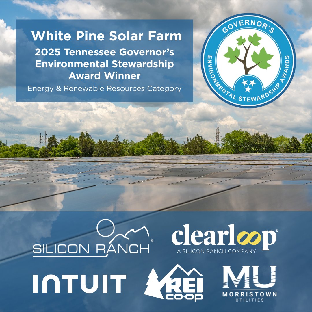 Clearloop is thrilled that our White Pine Solar Farm is the winner of the 2025 Tennessee Governor’s Environmental Stewardship Award in the Energy and Renewable Resources Category. Thanks to our partners <a href="/Intuit/">Intuit</a>, <a href="/REI/">REI</a>, Morristown Utilities, and Jefferson and Hamblen Schools!