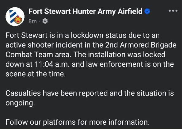 BreakinNewz01's tweet image. #Breaking 🚨 Newz 
**CRISIS AT FORT STEWART: ACTIVE SHOOTER LOCKDOWN**

- **Location &amp;amp; Status**: Active shooter at Fort Stewart, GA, triggering full lockdown of base, including Wright &amp;amp; Evans Army Airfields.
- **Casualties &amp;amp; Injuries**: Multiple confirmed casualties, with at…