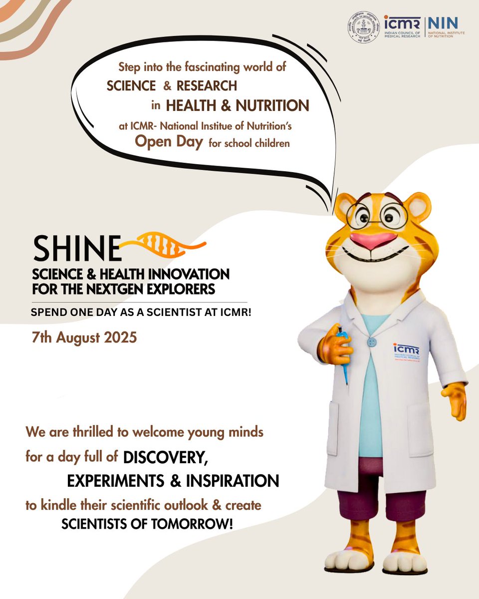 ICMR - National Institute of Nutrition (@icmrnin) on Twitter photo We, along with DrCurio, are eagerly looking forward to welcome enthusiastic schoolchildren to step into our labs on 7thAug & explore fascinating world of SCIENCE & RESEARCH as part of SHINE initiative of <a href="/ICMRDELHI/">ICMR</a>
#ShineAtIICMR <a href="/MoHFW_INDIA/">Ministry of Health</a> <a href="/DeptHealthRes/">Department of Health Research, MoHFW</a> <a href="/PMOIndia/">PMO India</a> <a href="/IndiaDST/">DSTIndia</a> We, along with DrCurio, are eagerly looking forward to welcome enthusiastic schoolchildren to step into our labs on 7thAug & explore fascinating world of SCIENCE & RESEARCH as part of SHINE initiative of <a href="/ICMRDELHI/">ICMR</a>
#ShineAtIICMR <a href="/MoHFW_INDIA/">Ministry of Health</a> <a href="/DeptHealthRes/">Department of Health Research, MoHFW</a> <a href="/PMOIndia/">PMO India</a> <a href="/IndiaDST/">DSTIndia</a>