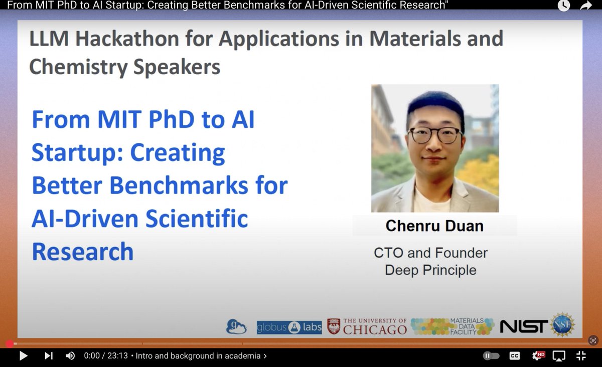 BenBlaiszik's tweet image. Current AI benchmarks test textbook knowledge, but scientific discovery is iterative and creative, and that's where evaluation gets messy.
@chenru_duan (MIT→Microsoft→startup founder) and I discuss his journey and the open source project Scientific Discovery Evaluation…