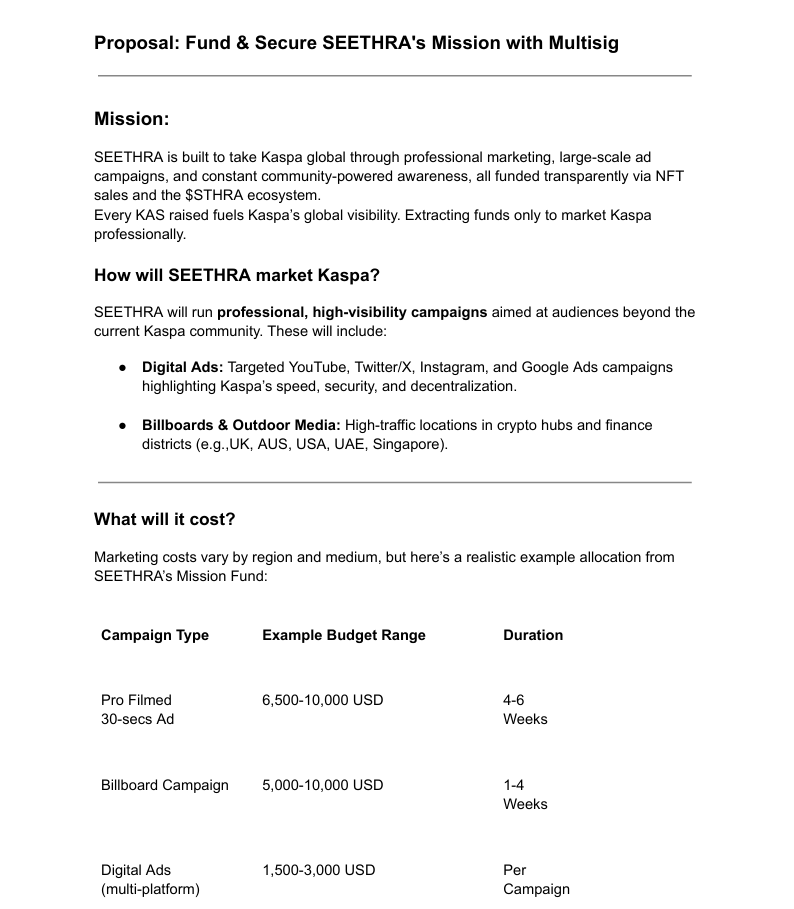 seethra's tweet photo. Hiya $KAS community, after the recent rugpull took place by probifi, SEETHRA has just dropped a proposal regarding turning the treasury wallet into a multisig wallet, on Kaspa community official discord.

First, what is a multisig wallet?
A multisig (multi-signature) wallet is a crypto wallet that requires multiple trusted signers to approve any transaction, e.g., 3 out of 5 people must agree before funds can move.

This means:
✅No single person can run off with the funds
✅All spending is transparent & approved by the community
✅The Mission Fund stays safe and dedicated only to marketing Kaspa

We’re asking the community to:
1️⃣Read the full proposal
2️⃣Vote if you support securing the Mission Fund & Share your thoughts
3️⃣Help fund it by minting SEETHRA NFTs (800 KAS each) or participating in the $STHRA ecosystem.

SEETHRA is here to stay.
The mission doesn’t pause, the signal doesn’t fade and with a community-protected treasury, we’re building something that can’t be stopped.

Protected by the community. Powered for the mission.