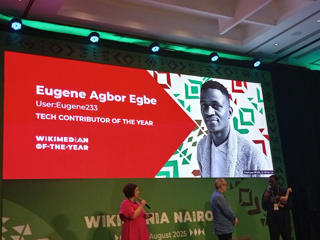 #Wikimania2025

Le Cameroun récompensé 
Eugène Agbor Egbe, ancien président du Wikimedians of Cameroon User Group, reconnu comme "Contributeur tech de l'année" 🎉
---
Eugène Egbe, former president of the Wikimedians of Cameroon User Group, named ‘Tech Contributor of the Year’