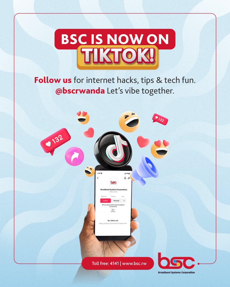 bscrw's tweet image. 🚨 "YOUR FYP JUST GOT BETTER"
BSC is now on TikTok. Follow  us at @bscrwanda for internet hacks, tech tips, and all the fun vibes. 
Let’s make your scroll worth it! 
#Bsc #BSCTikTok #TechFun #StayConnected
