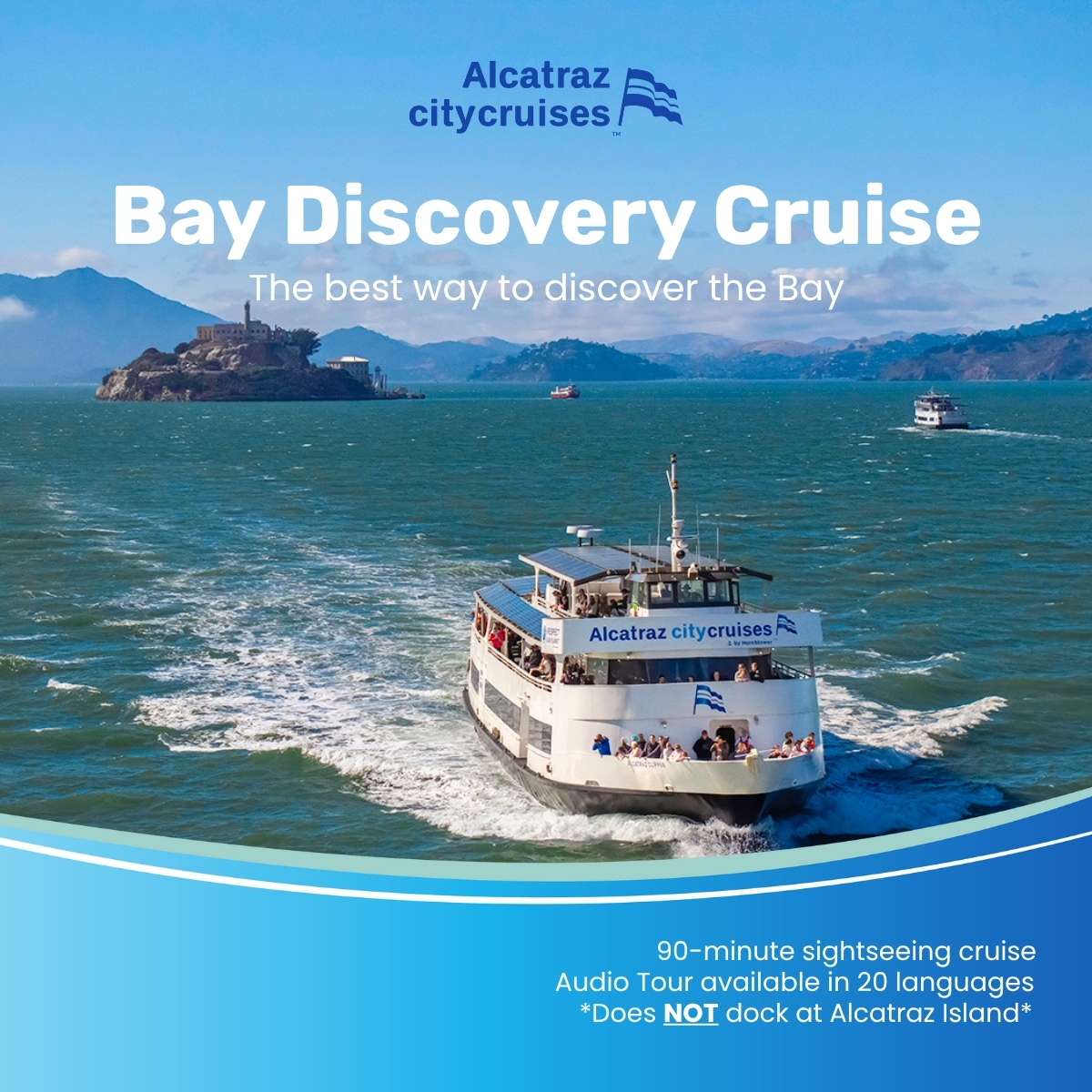 Alcatraz sold out? 
Sail aroundAlcatraz &amp; Golden Gate on our Bay Discovery Cruise!
🎧 Audio tour in 20 languages
Use code BAYCRUISE20 for 20% off (10:40 AM departure)
⚠️ Does not dock at Alcatraz Island.
#AlcatrazCityCruises #DiscoverTheBay #SanFrancisco