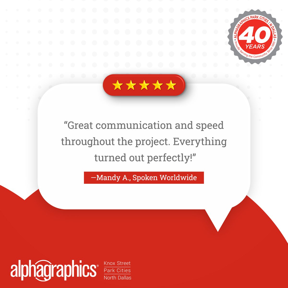 Clear communication builds better results. 

When deadlines are tight and quality matters, you need more than a vendor, you need a partner. 

#NorthDallas #Marketing #CustomSignage #PromotionalItems #Signage #PrintServices #Engraving #PromoItems #Apparel #AlphaGraphicsParkCities