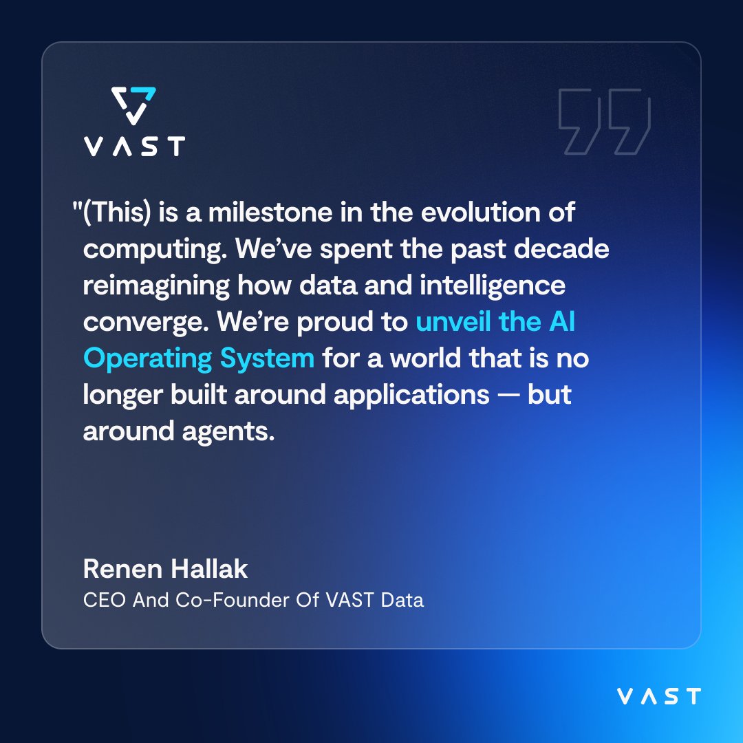 VAST_Data's tweet image. VAST Data delivers the first AI Operating System, natively unifying and orchestrating storage, database, and compute to unleash the true power of agentic computing and data-intensive applications.