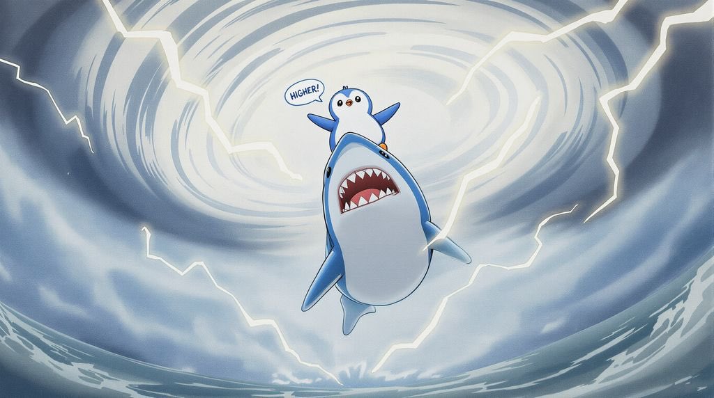 Pengu Pro Tip of the Day (Day 11): 
You can create your own pengu-coded AI images for free in the <a href="/pudgypenguins/">Pudgy Penguins</a> Discord! Just go to the “AI &amp; Creatives” channel and type your prompt. 

This one was “a penguin riding a shark into the top of a tornado shouting HIGHER!” 

Show me