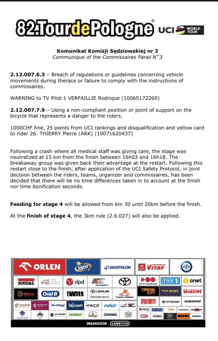 Colin Bourgeat (@colinbourgeat) on Twitter photo Rapport des commissaires sur cette 3eme étape <a href="/Tour_de_Pologne/">Tour de Pologne</a>
Le CG gelé, pas de Bonifs
<a href="/PaulLapeira/">Paul Lapeira</a> bien présent à l’arrivée
Pierre Thierry Disqualifié pour position non conforme sur le vélo
#LesRP #TDP2025 #TourDePologne Rapport des commissaires sur cette 3eme étape <a href="/Tour_de_Pologne/">Tour de Pologne</a>
Le CG gelé, pas de Bonifs
<a href="/PaulLapeira/">Paul Lapeira</a> bien présent à l’arrivée
Pierre Thierry Disqualifié pour position non conforme sur le vélo
#LesRP #TDP2025 #TourDePologne