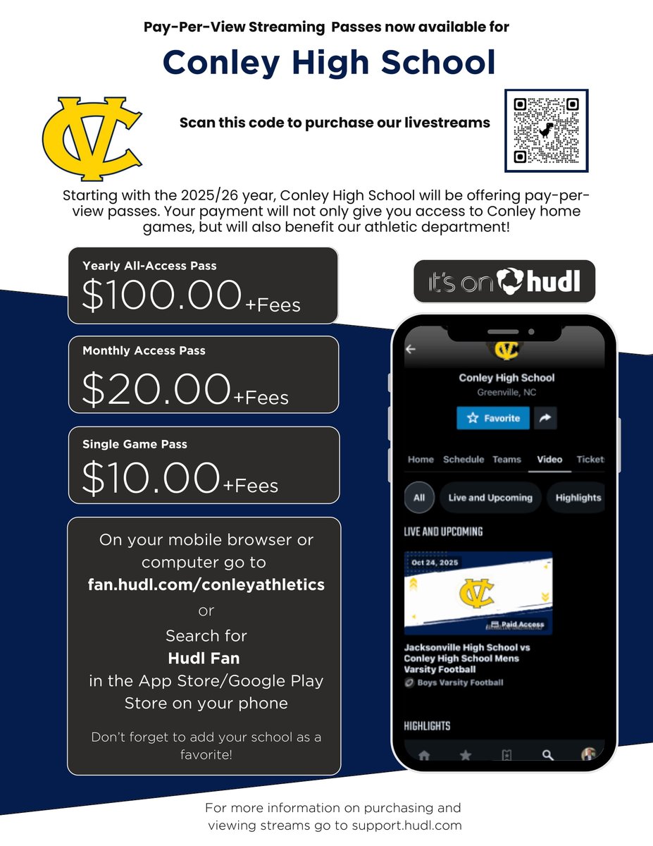 ConleySports's tweet image. 🚨 DH Conley Athletics Update 🚨
🎟 No bags allowed at games (stadium seats OK, but will be searched)
📲 No cash – use HUDL: fan.hudl.com/conleyathletics
🎫 Passes on sale 8/11
👵 Age 60+? Get a free Tar Heel Pass!
#GoVikings #DHConley #ConleyAthletics