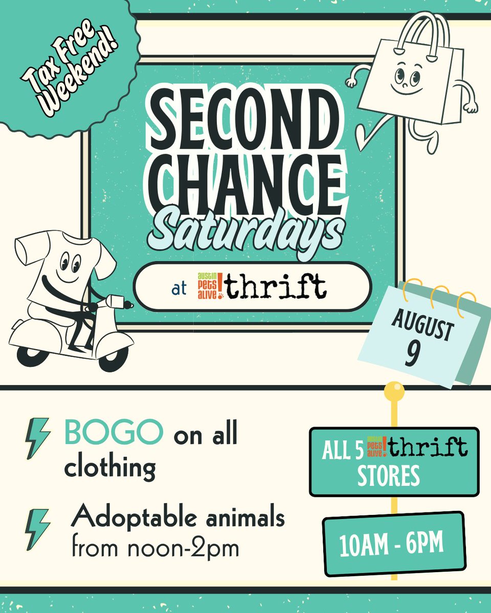 A tax-free BOGO sale plus adoptable animals? You’re welcome 🩵

This month, every pet at Second Chance Saturday will be coming straight from our shelter—which means they’re all looking for foster or adoptive homes!

All five stores are participating 🛍️