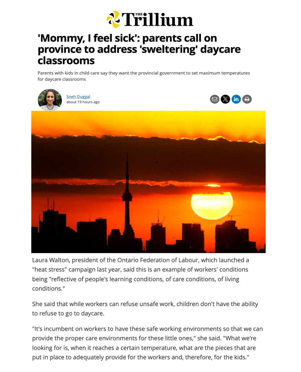 OFL (@oflabour) on Twitter photo Parents are calling on the province to set maximum allowable temperatures for child-care centres so kids and staff aren't burning up from "sweltering" heat in centres that don't have sufficient air conditioning.
"<a href="/waltonmom/">Laura Walton</a> president said this is an example of workers' Parents are calling on the province to set maximum allowable temperatures for child-care centres so kids and staff aren't burning up from "sweltering" heat in centres that don't have sufficient air conditioning.
"<a href="/waltonmom/">Laura Walton</a> president said this is an example of workers'
