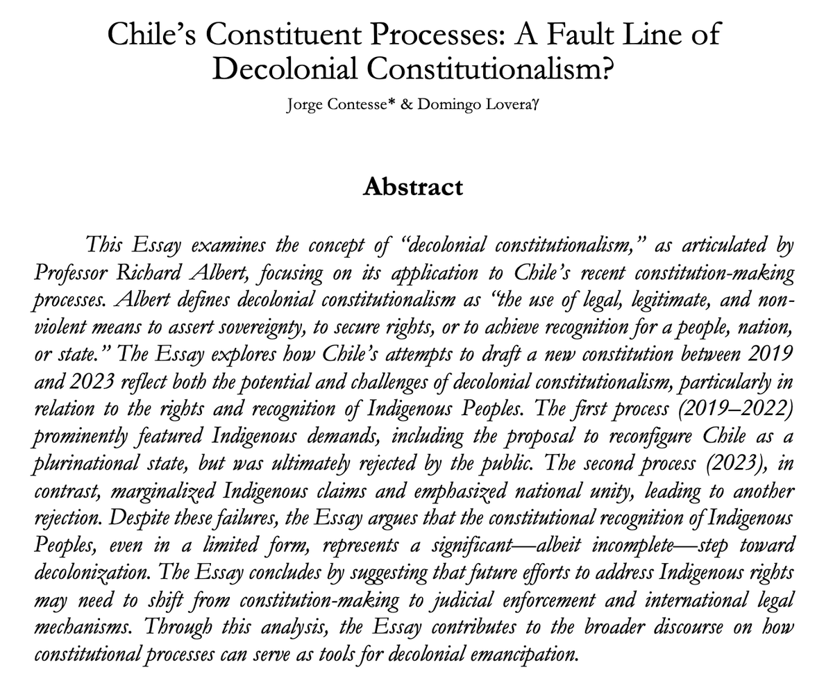 Domingo Lovera Parmo (@domingarra) on Twitter photo Exciting news! 🎉 Our latest article, co-authored with <a href="/jorgecontesse/">Jorge Contesse</a>, has just been published!
We dive into <a href="/RichardAlbert/">Richard Albert</a>'s Decolonial Constitutionalism, offering insights from the Chilean perspective.
A big thank you to Richard for the invitation!
cjil.uchicago.edu/online-archive… Exciting news! 🎉 Our latest article, co-authored with <a href="/jorgecontesse/">Jorge Contesse</a>, has just been published!
We dive into <a href="/RichardAlbert/">Richard Albert</a>'s Decolonial Constitutionalism, offering insights from the Chilean perspective.
A big thank you to Richard for the invitation!
cjil.uchicago.edu/online-archive…